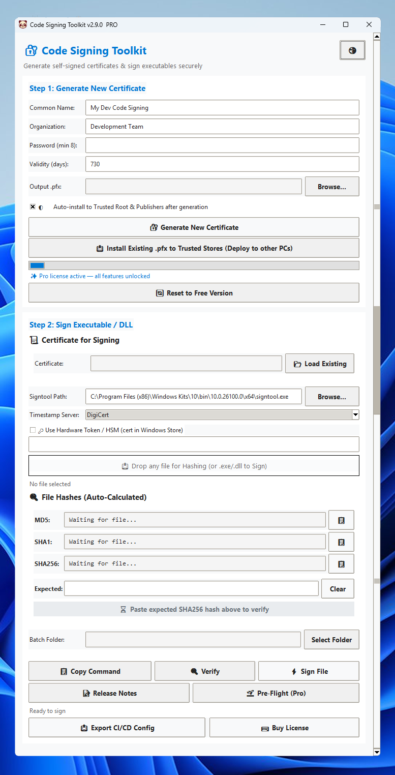 Code Signing Toolkit Pro Application Window